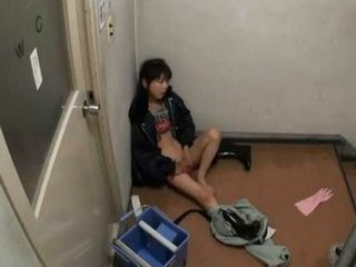 Jizz-soaked stairwell sex with the cleaning lady, Tokyo-style