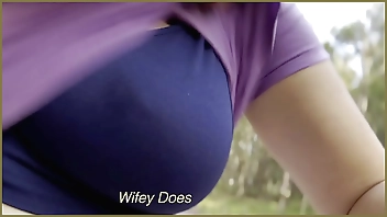 MILF flashes tits in public hike