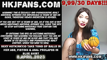 Sexy Hotkinkyjo take tons of balls in her ass, fisting & anal prolapse in blue shirt