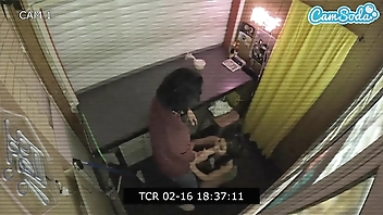 Security Cam Catches Tiny Asian Giving a BIG Cock Blowjob