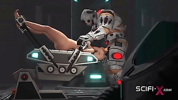 A sexy horny bald girl in cuffs gets fucked hard by a sex cyborg in the lab